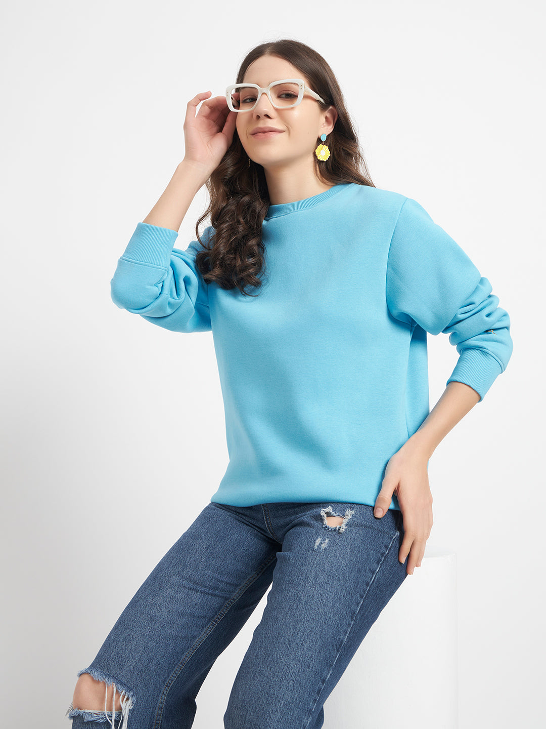 Solid Crew Neck Sweatshirt for Women
