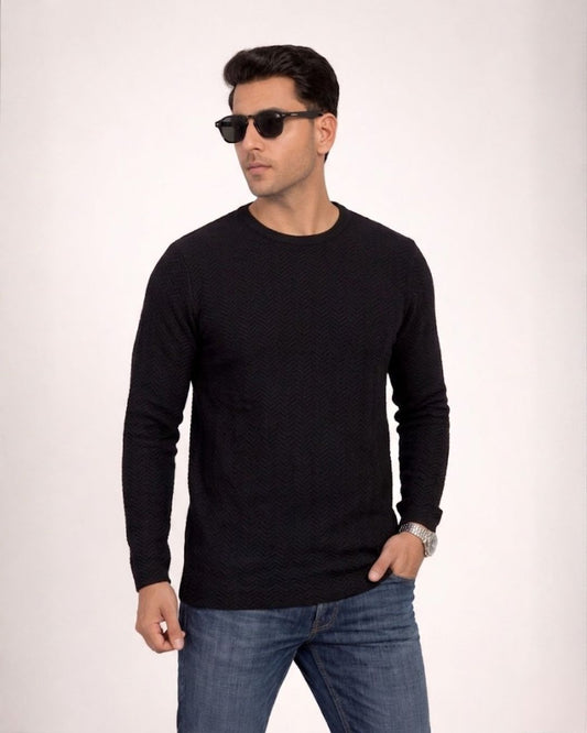 Jacquard Long Sleeve Crewneck Caviar