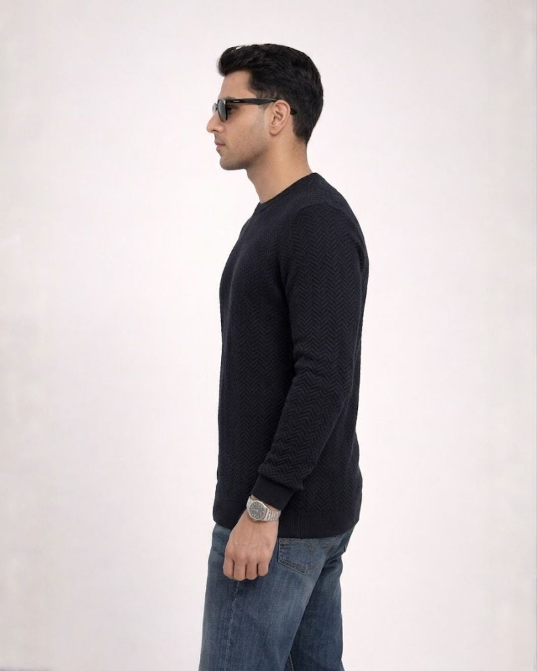 Jacquard Long Sleeve Crewneck Caviar