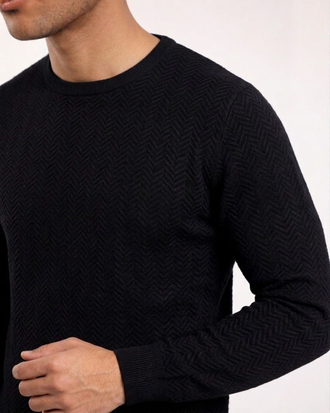 Jacquard Long Sleeve Crewneck Caviar