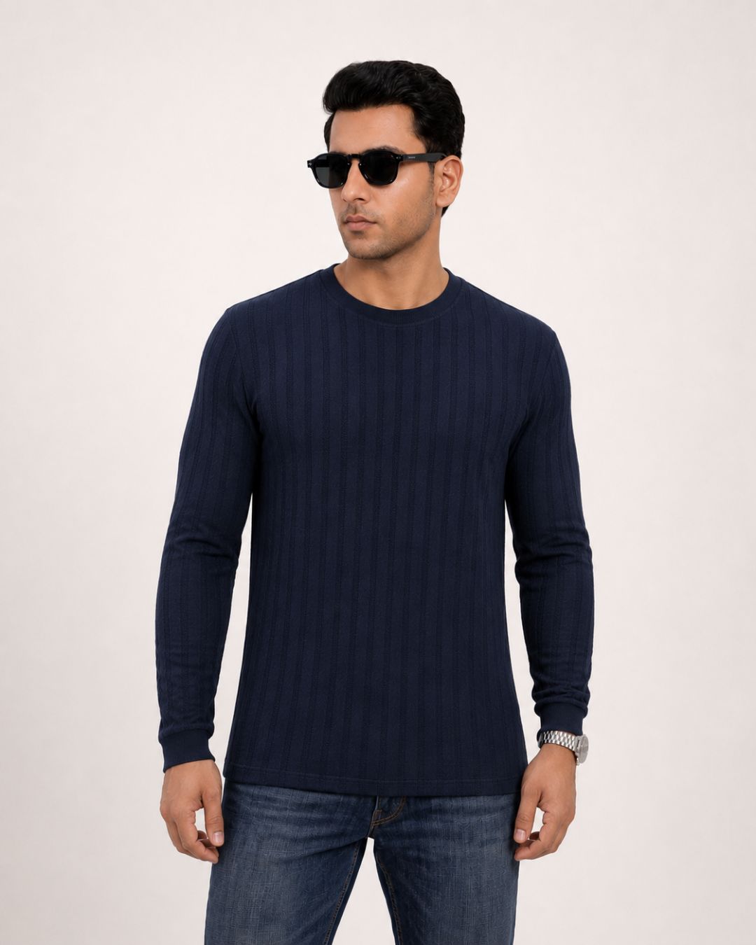 Jacquard Long Sleeve Crewneck Deep Navy